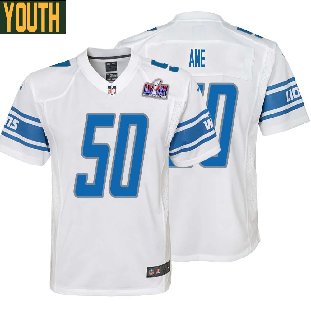 Charlie Ane No 50 Youths Custom White Detroit Lions Super Bowl LVIII Away Game Jersey