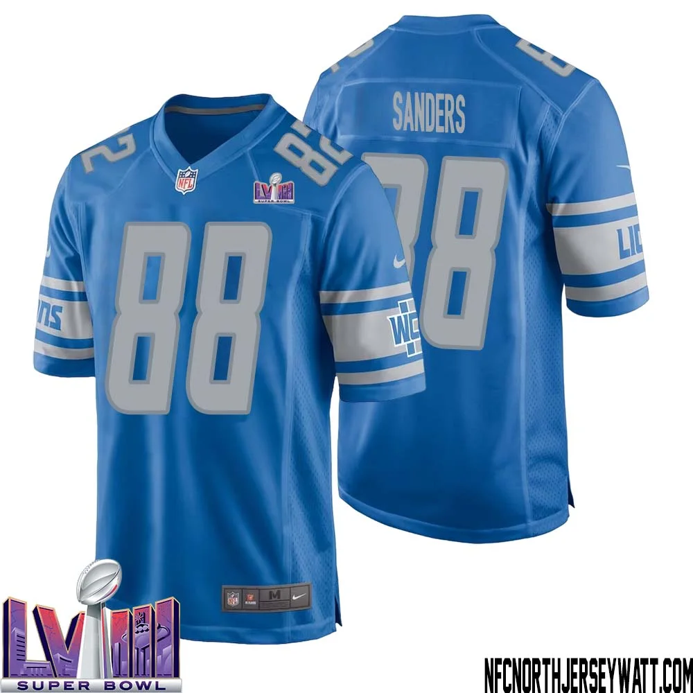 Charlie Sanders No 88 Men Blue Detroit Lions Player Super Bowl LVIII Home Game Jersey