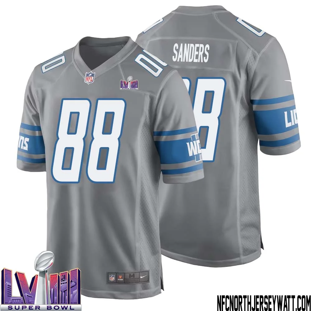 Charlie Sanders No 88 Men Grey Detroit Lions Player Super Bowl LVIII Alternate Game Jersey 1