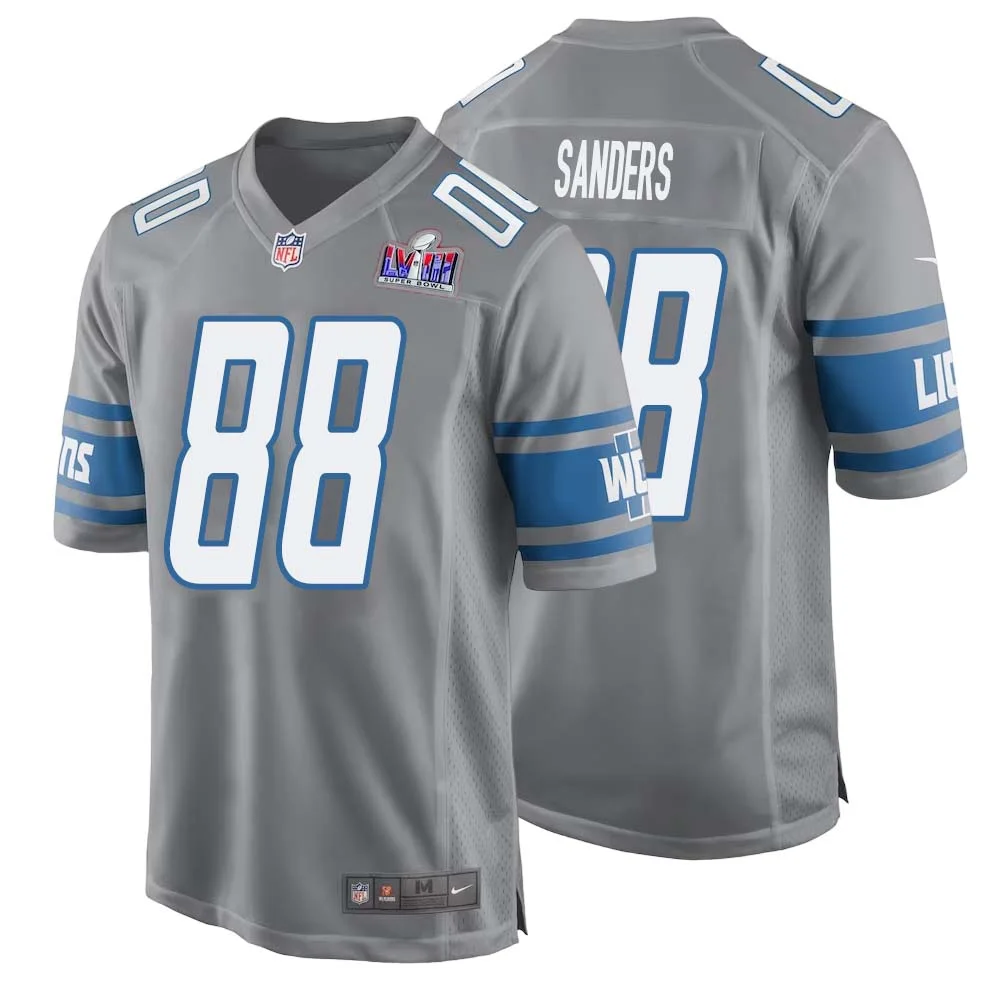 Charlie Sanders No 88 Mens Custom Gray Detroit Lions Alternate Super Bowl LVIII Game Jersey