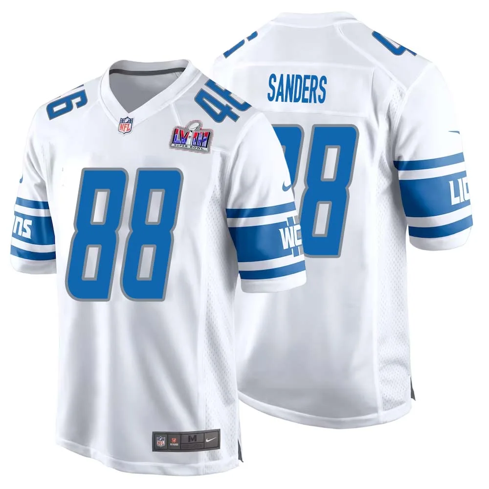 Charlie Sanders No 88 Mens Custom White Detroit Lions Super Bowl LVIII Away Game Jersey