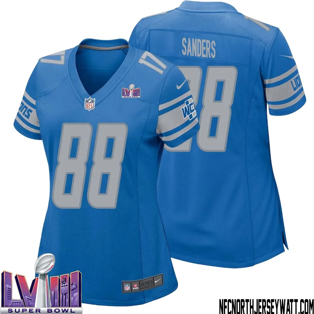Charlie Sanders No 88 Women Blue Detroit Lions Player Super Bowl LVIII Home Game Jersey 1