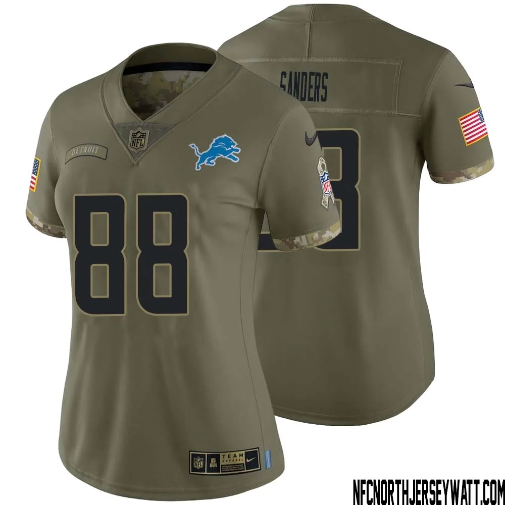Charlie Sanders No 88 Women Olive Detroit Lions 2022 Salute To Service Retired Player Limited Jersey
