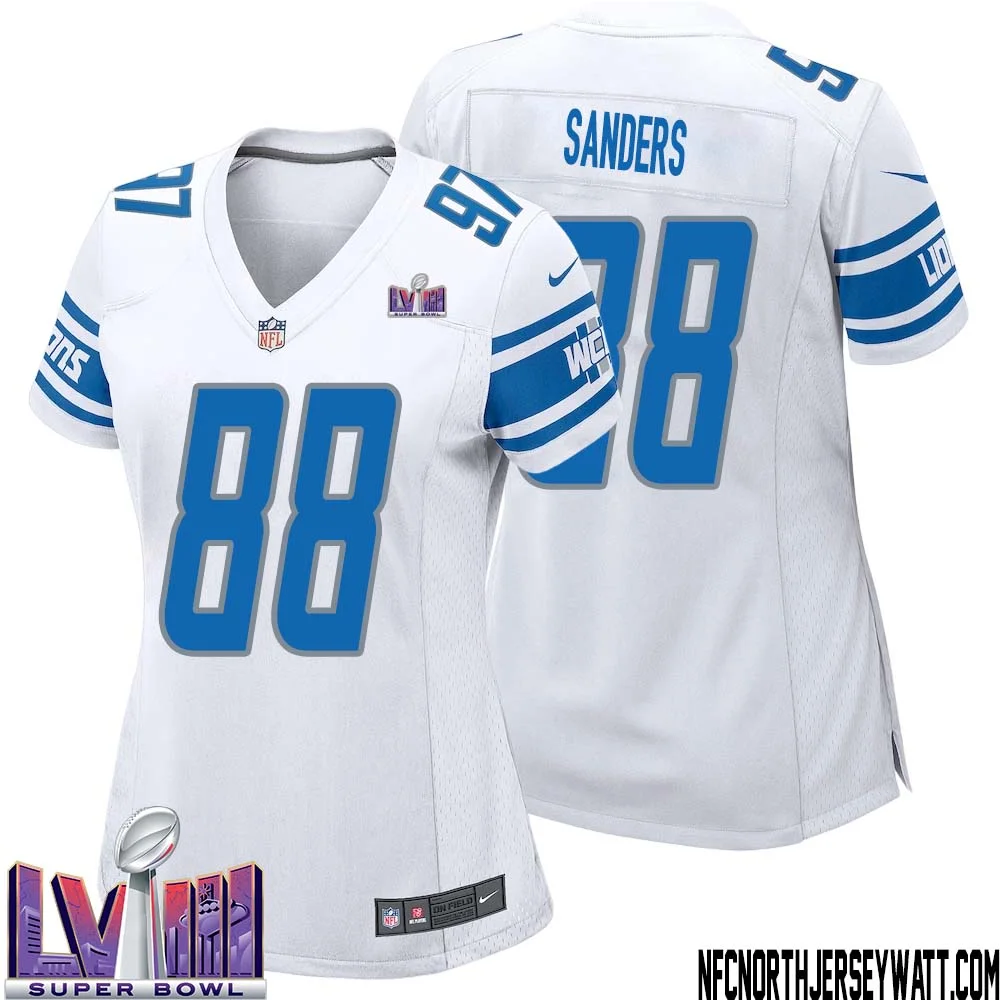 Charlie Sanders No 88 Women White Detroit Lions Player Super Bowl LVIII Away Game Jersey 1