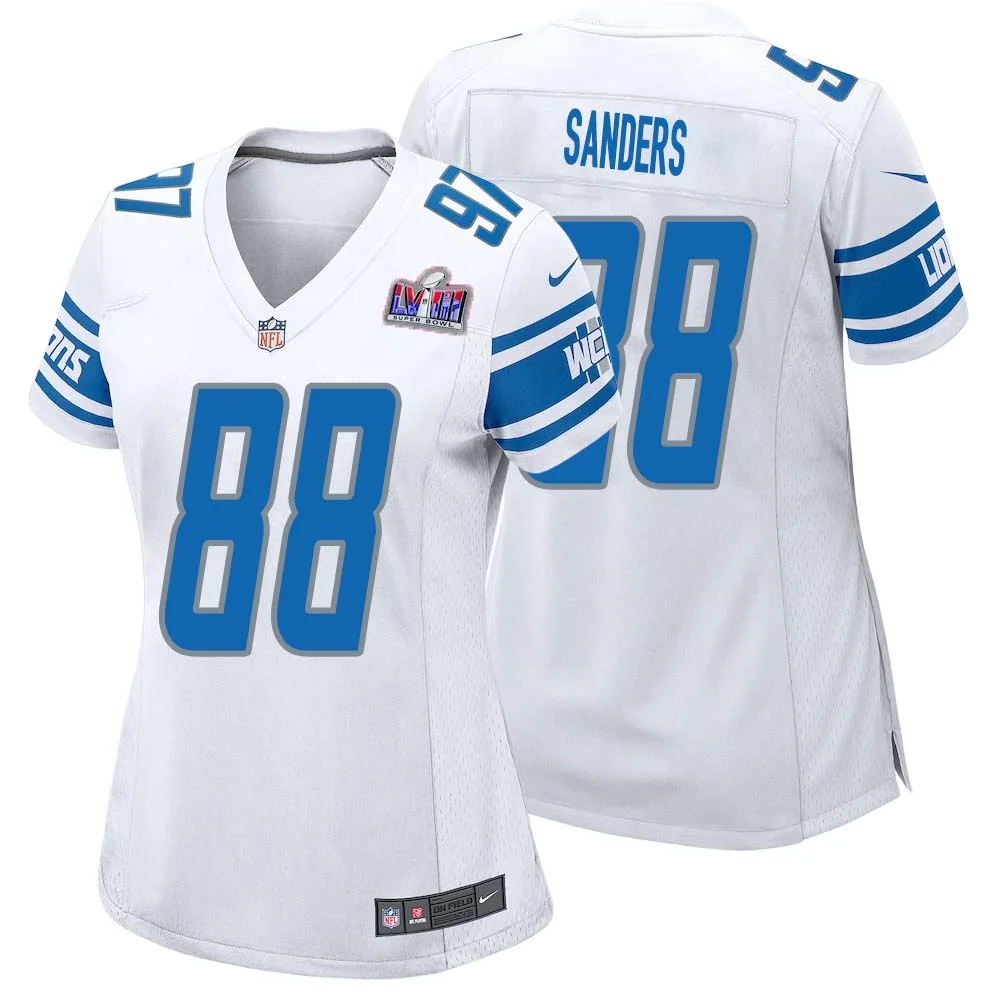 Charlie Sanders No 88 Womens Custom White Detroit Lions Super Bowl LVIII Away Game Jersey
