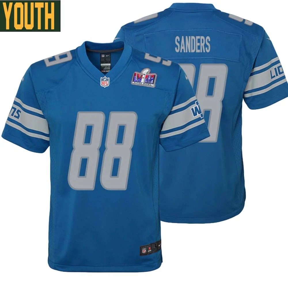 Charlie Sanders No 88 Youths Custom Blue Detroit Lions Super Bowl LVIII Player Home Game Jersey