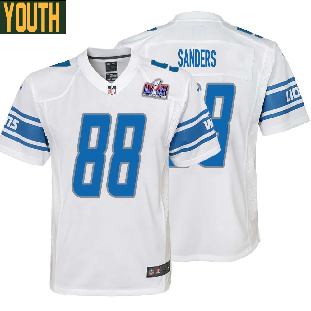 Charlie Sanders No 88 Youths Custom White Detroit Lions Super Bowl LVIII Away Game Jersey