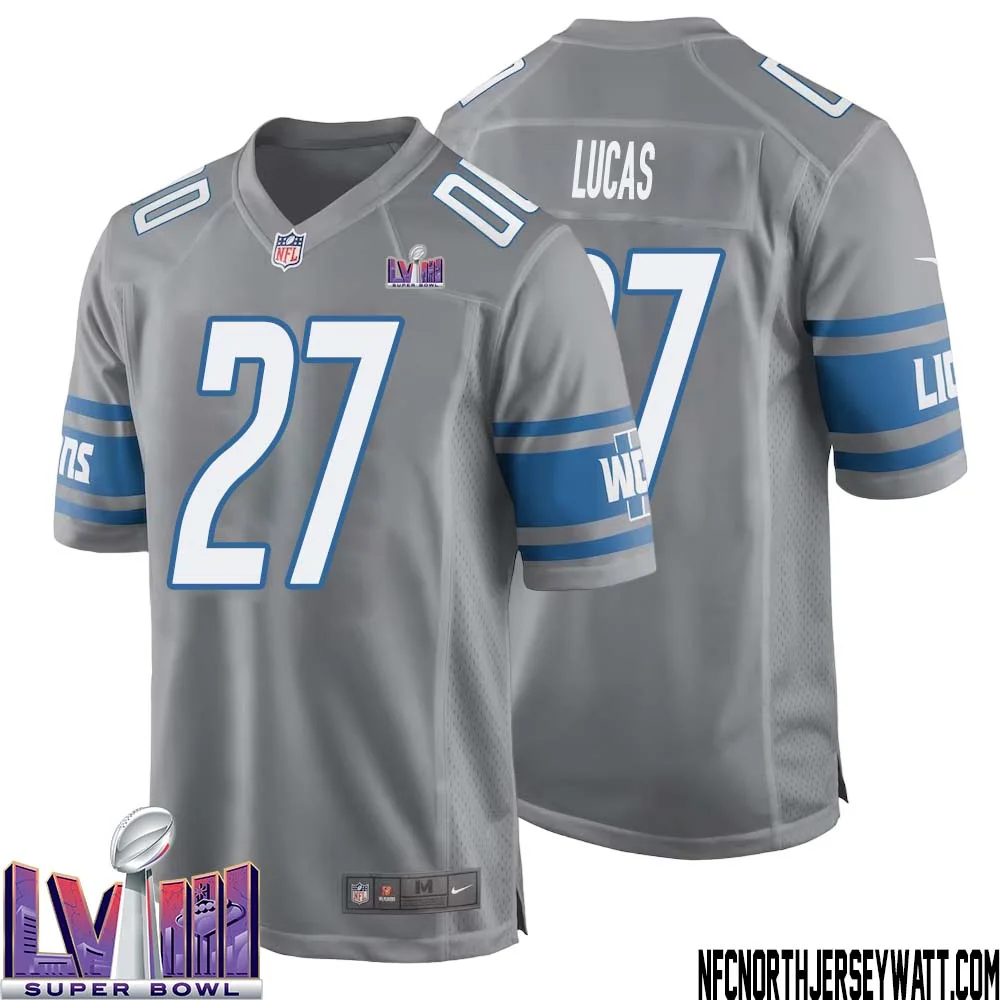 Chase Lucas No 27 Men Grey Detroit Lions Player Super Bowl LVIII Alternate Game Jersey 1