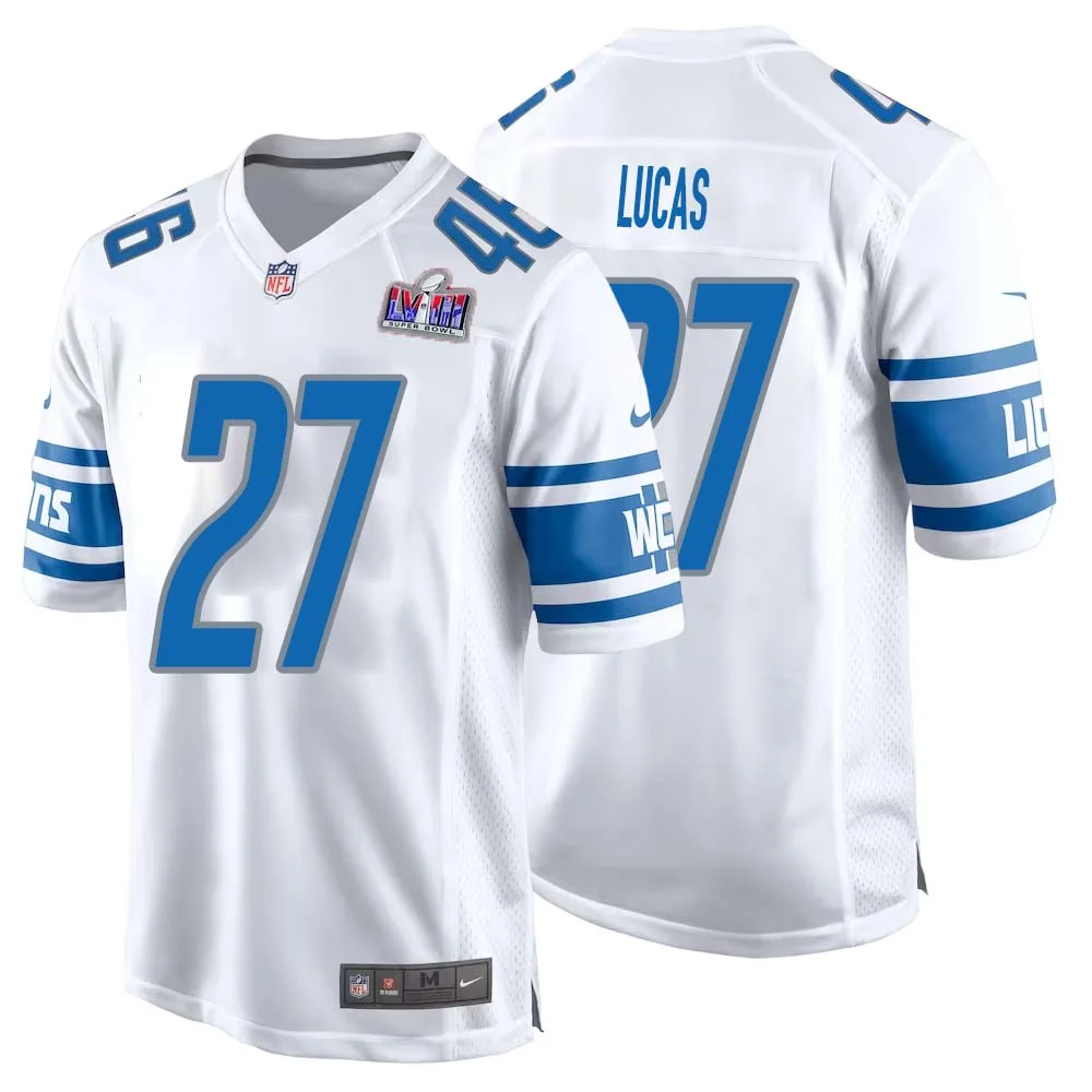 Chase Lucas No 27 Mens Custom White Detroit Lions Super Bowl LVIII Away Game Jersey