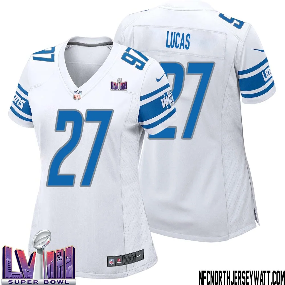 Chase Lucas No 27 Women White Detroit Lions Player Super Bowl LVIII Away Game Jersey