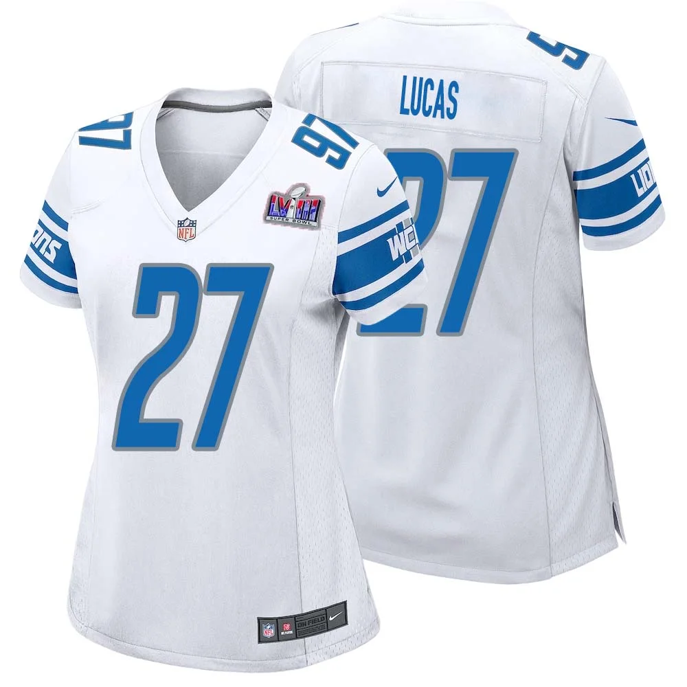 Chase Lucas No 27 Womens Custom White Detroit Lions Super Bowl LVIII Away Game Jersey