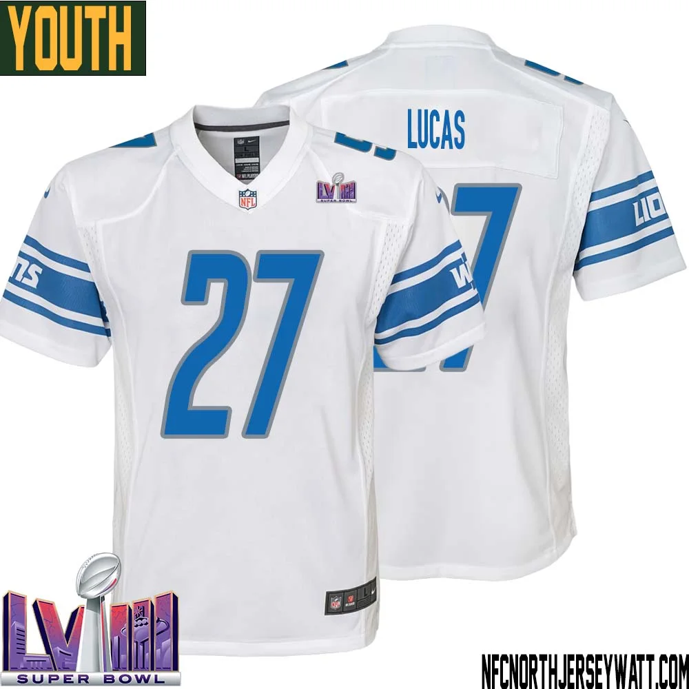 Chase Lucas No 27 Youth White Detroit Lions Player Super Bowl LVIII Away Game Jersey 1