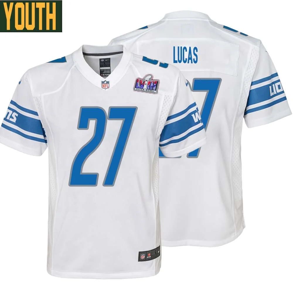 Chase Lucas No 27 Youths Custom White Detroit Lions Super Bowl LVIII Away Game Jersey