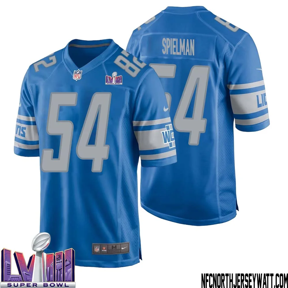 Chris Spielman No 54 Men Blue Detroit Lions Player Super Bowl LVIII Home Game Jersey 1