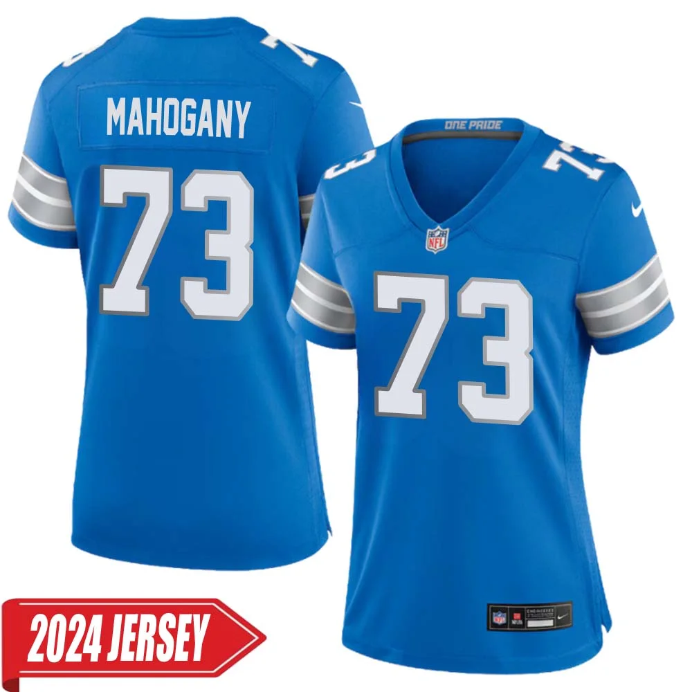 Christian Mahogany No 73 Woman s Detroit Lions Home Game 2024 Jersey Blue