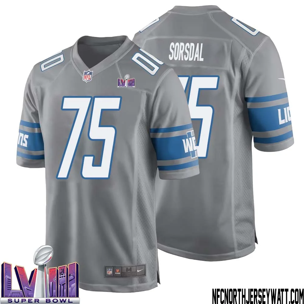 Colby Sorsdal No 75 Men Grey Detroit Lions Player Super Bowl LVIII Alternate Game Jersey 1