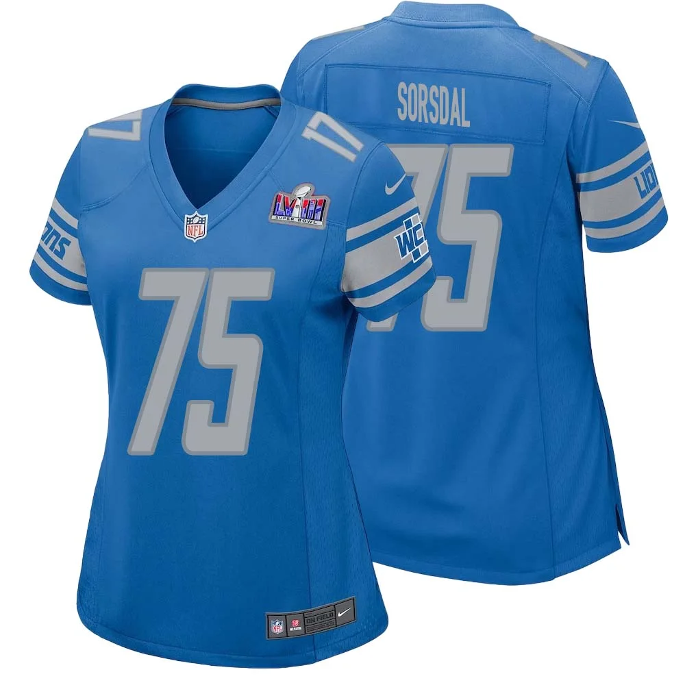 Colby Sorsdal No 75 Womens Custom Blue Detroit Lions Super Bowl LVIII Player Home Game Jersey