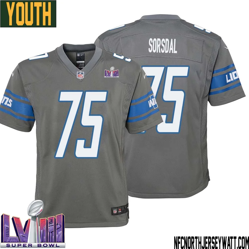 Colby Sorsdal No 75 Youth Grey Detroit Lions Player Super Bowl LVIII Alternate Game Jersey 1