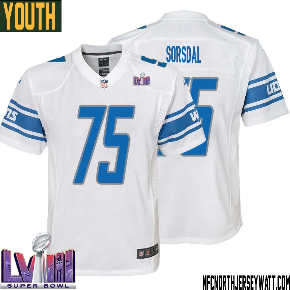 Colby Sorsdal No 75 Youth White Detroit Lions Player Super Bowl LVIII Away Game Jersey