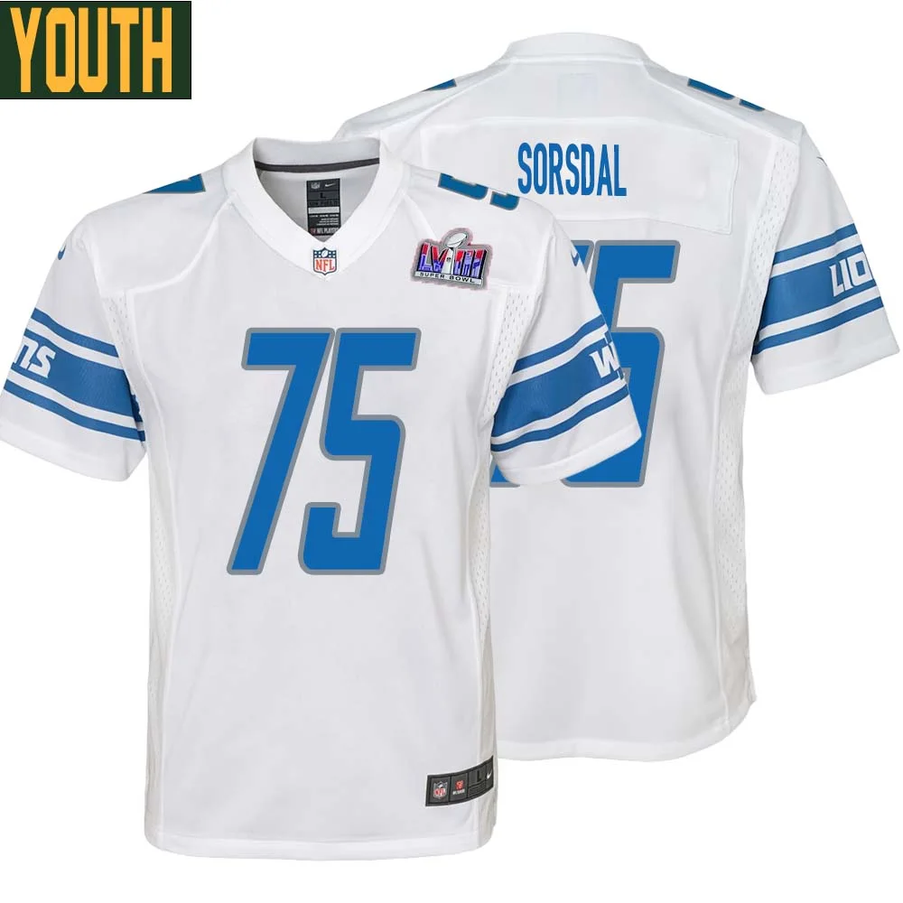 Colby Sorsdal No 75 Youths Custom White Detroit Lions Super Bowl LVIII Away Game Jersey