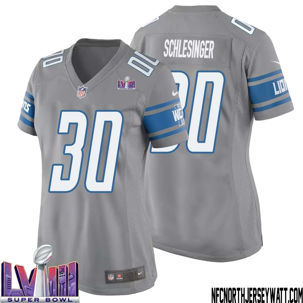 Cory Schlesinger No 30 Women Grey Detroit Lions Player Super Bowl LVIII Alternate Game Jersey