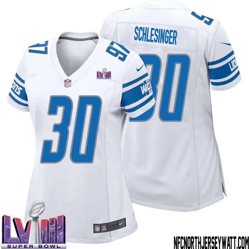Cory Schlesinger No 30 Women White Detroit Lions Player Super Bowl LVIII Away Game Jersey 1