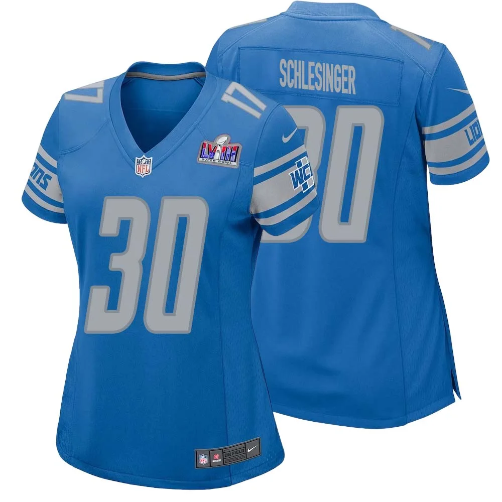 Cory Schlesinger No 30 Womens Custom Blue Detroit Lions Super Bowl LVIII Player Home Game Jersey