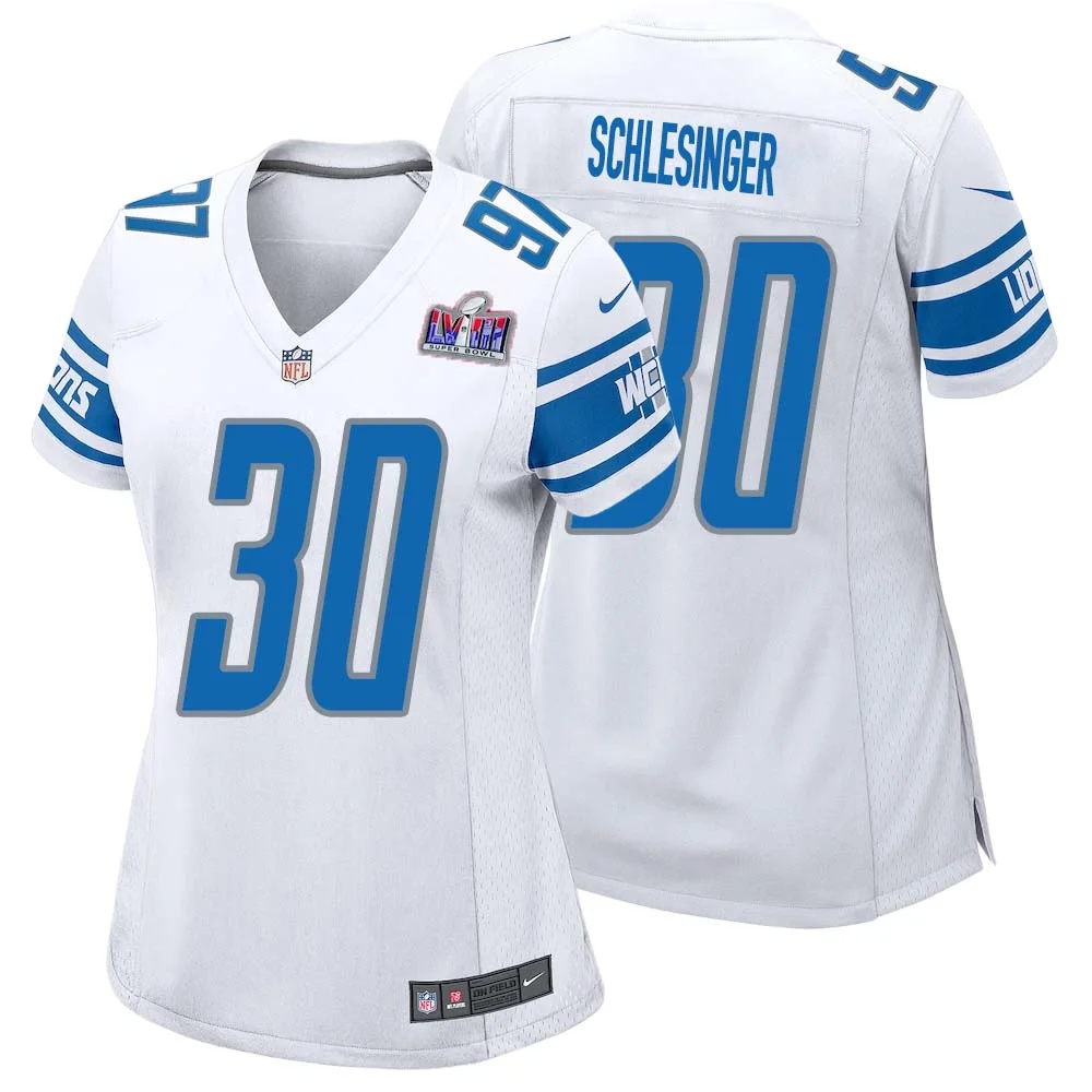 Cory Schlesinger No 30 Womens Custom White Detroit Lions Super Bowl LVIII Away Game Jersey