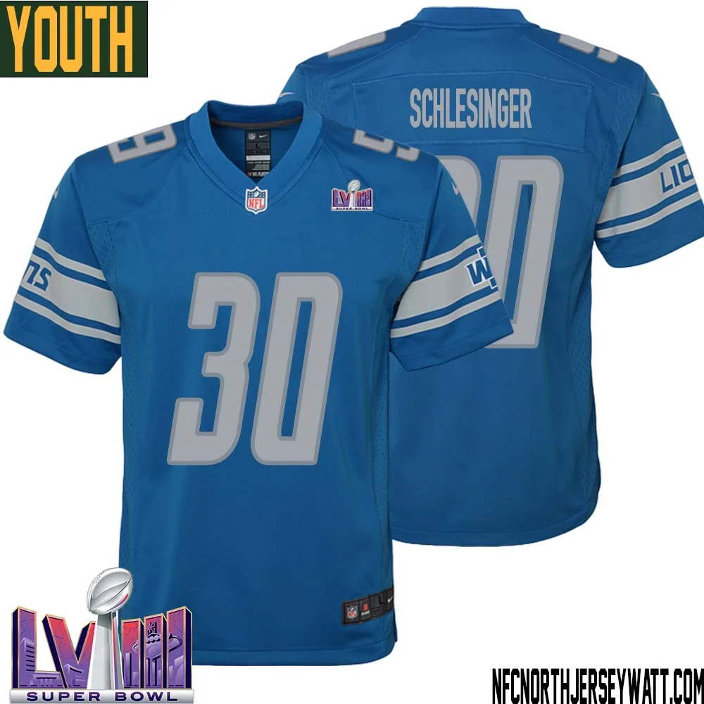 Cory Schlesinger No 30 Youth Blue Detroit Lions Player Super Bowl LVIII Home Game Jersey