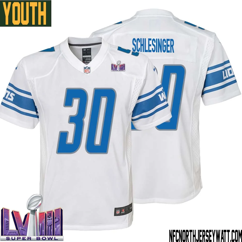 Cory Schlesinger No 30 Youth White Detroit Lions Player Super Bowl LVIII Away Game Jersey 1