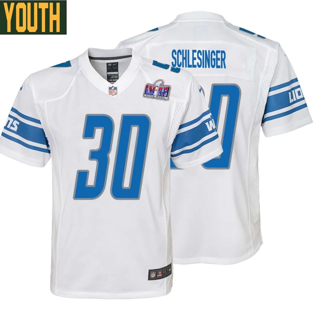 Cory Schlesinger No 30 Youths Custom White Detroit Lions Super Bowl LVIII Away Game Jersey