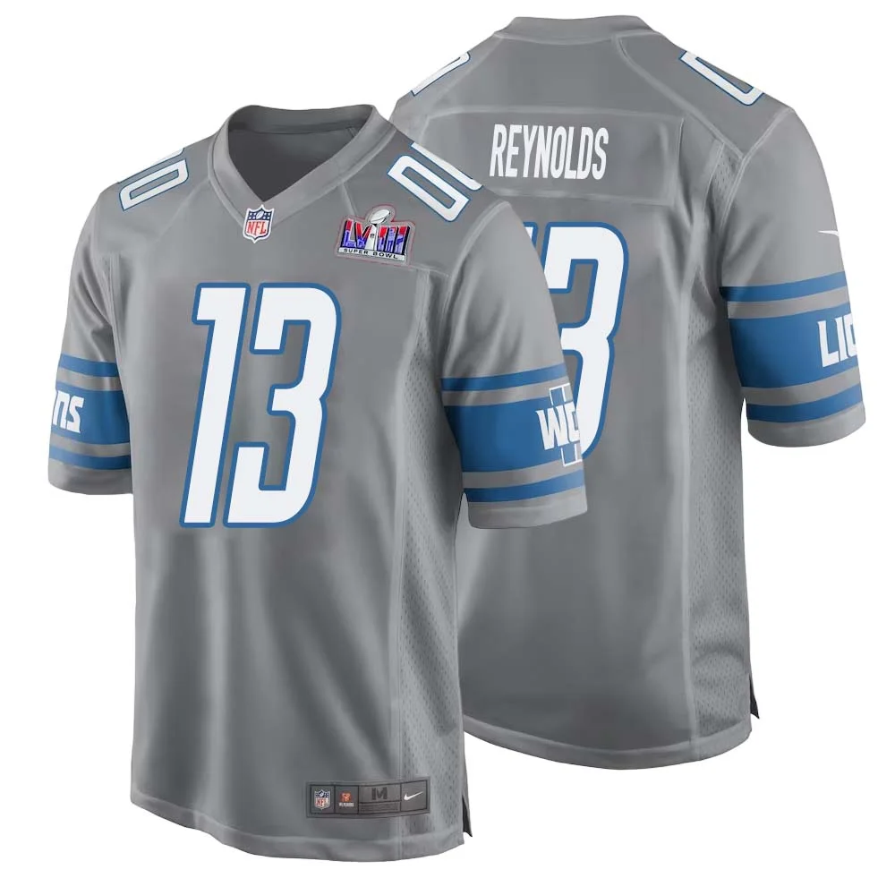 Craig Reynolds No 13 Mens Custom Gray Detroit Lions Alternate Super Bowl LVIII Game Jersey