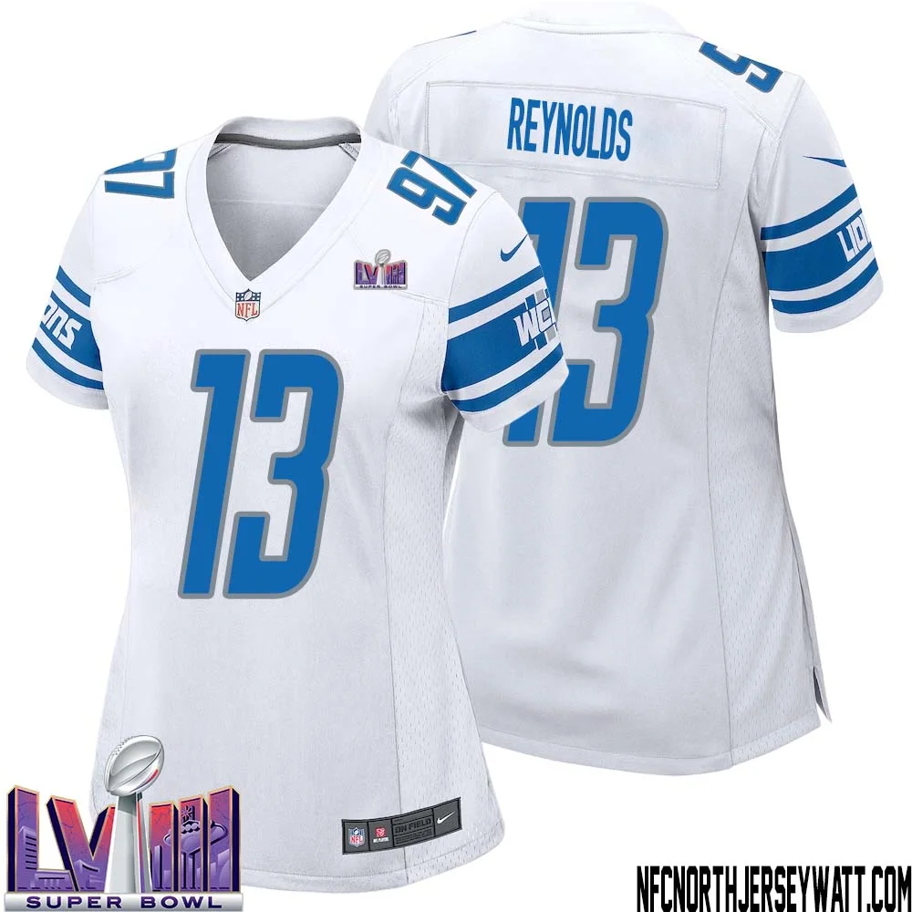 Craig Reynolds No 13 Women White Detroit Lions Player Super Bowl LVIII Away Game Jersey
