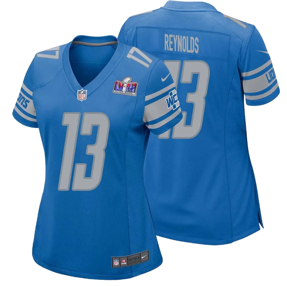 Craig Reynolds No 13 Womens Custom Blue Detroit Lions Super Bowl LVIII Player Home Game Jersey