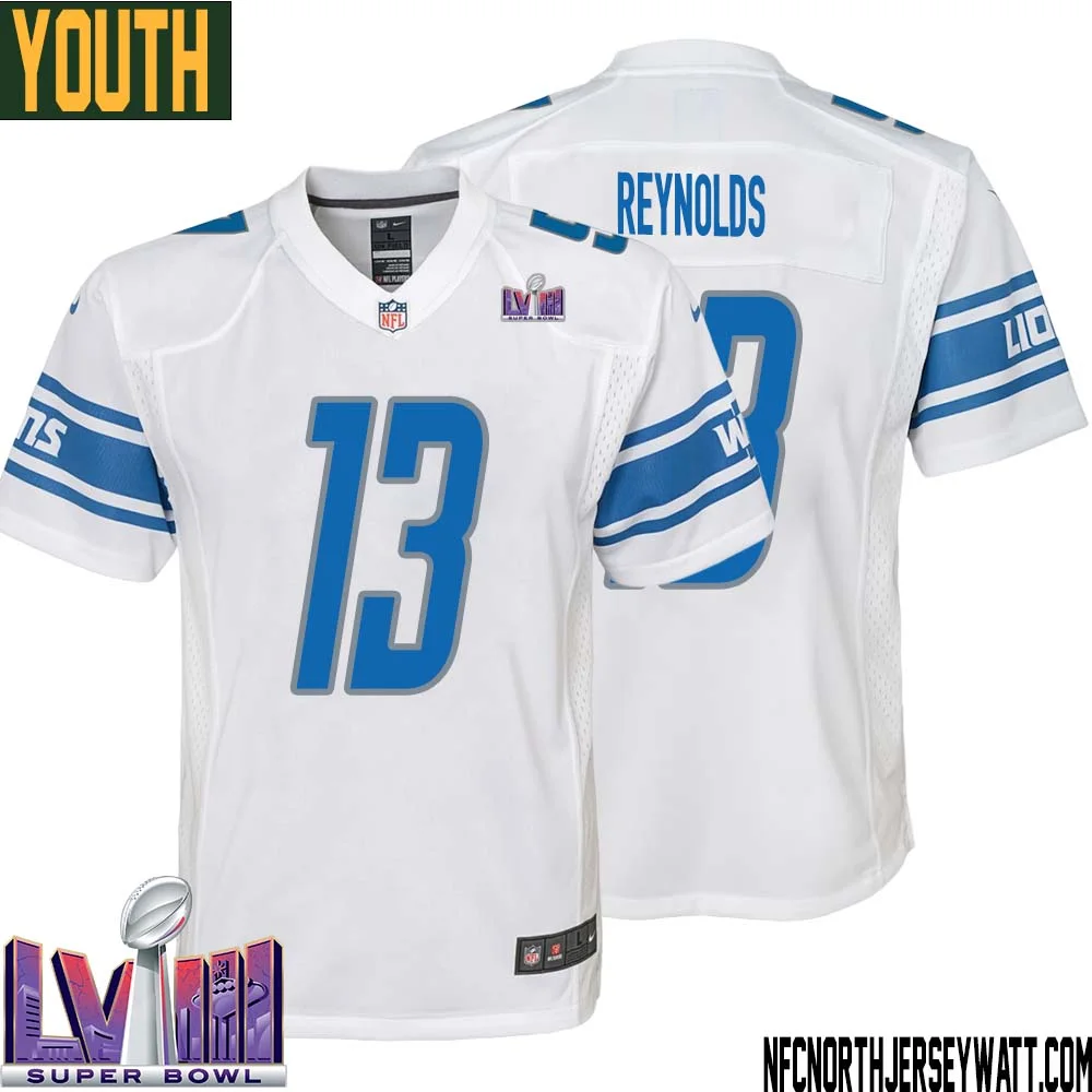 Craig Reynolds No 13 Youth White Detroit Lions Player Super Bowl LVIII Away Game Jersey 1