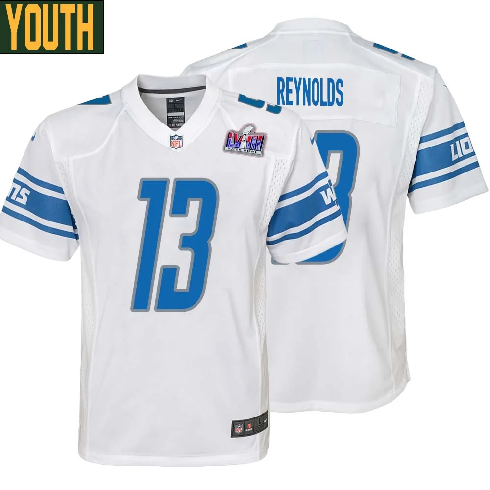 Craig Reynolds No 13 Youths Custom White Detroit Lions Super Bowl LVIII Away Game Jersey