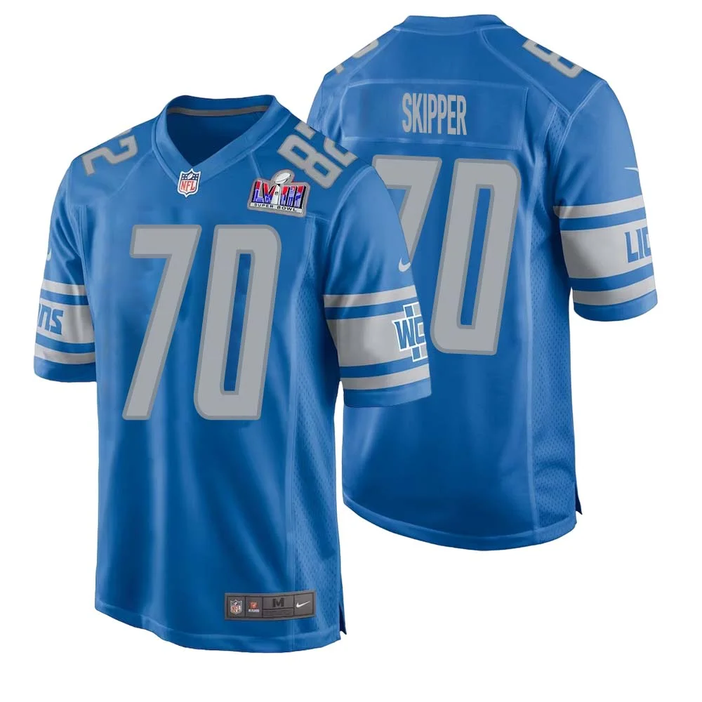 Dan Skipper No 70 Mens Custom Blue Detroit Lions Super Bowl LVIII Player Home Game Jersey