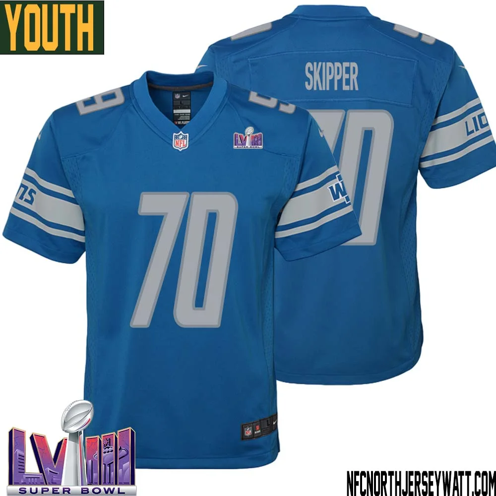 Dan Skipper No 70 Youth Blue Detroit Lions Player Super Bowl LVIII Home Game Jersey