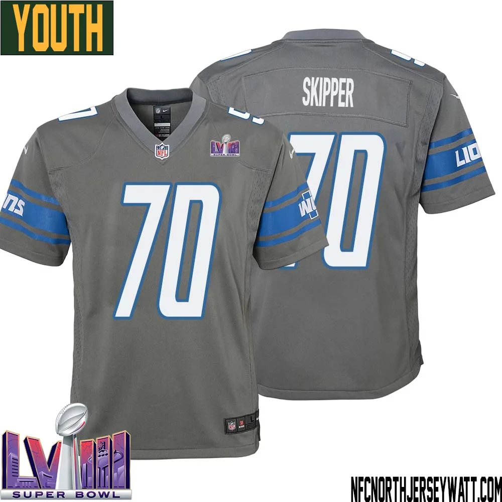 Dan Skipper No 70 Youth Grey Detroit Lions Player Super Bowl LVIII Alternate Game Jersey 1