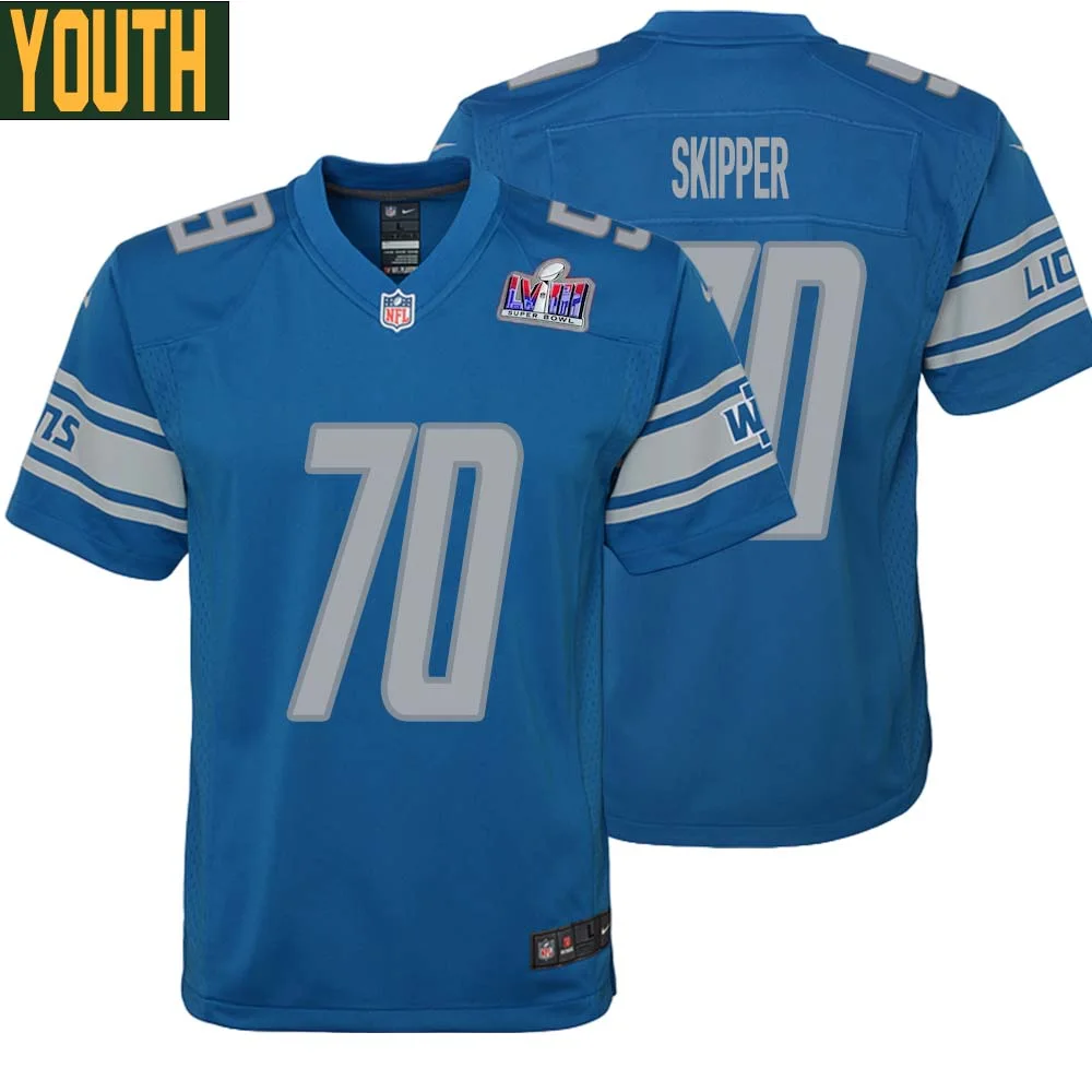 Dan Skipper No 70 Youths Custom Blue Detroit Lions Super Bowl LVIII Player Home Game Jersey