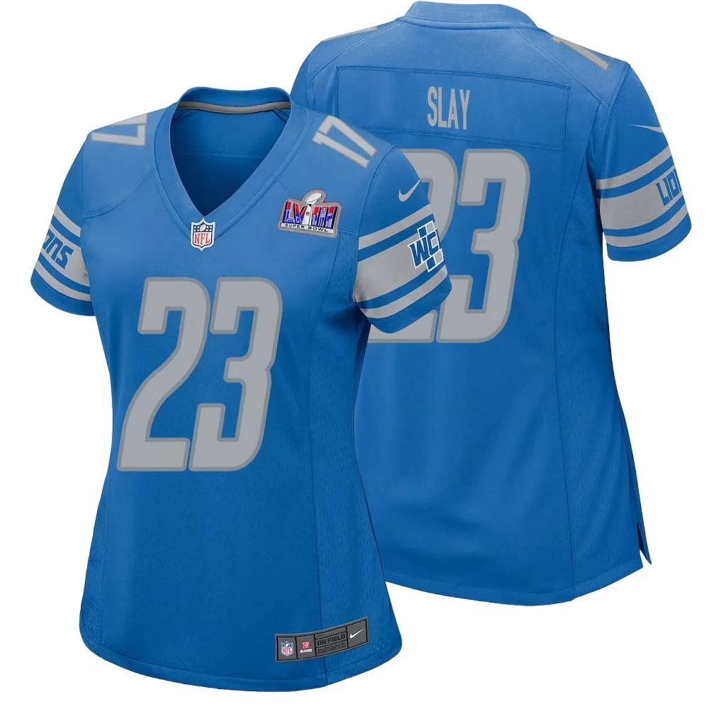 Darius Slay No 23 Womens Custom Blue Detroit Lions Super Bowl LVIII Player Home Game Jersey