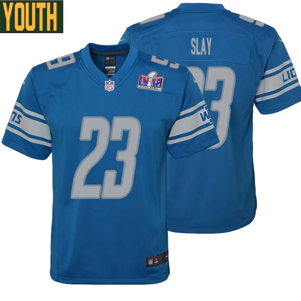 Darius Slay No 23 Youths Custom Blue Detroit Lions Super Bowl LVIII Player Home Game Jersey