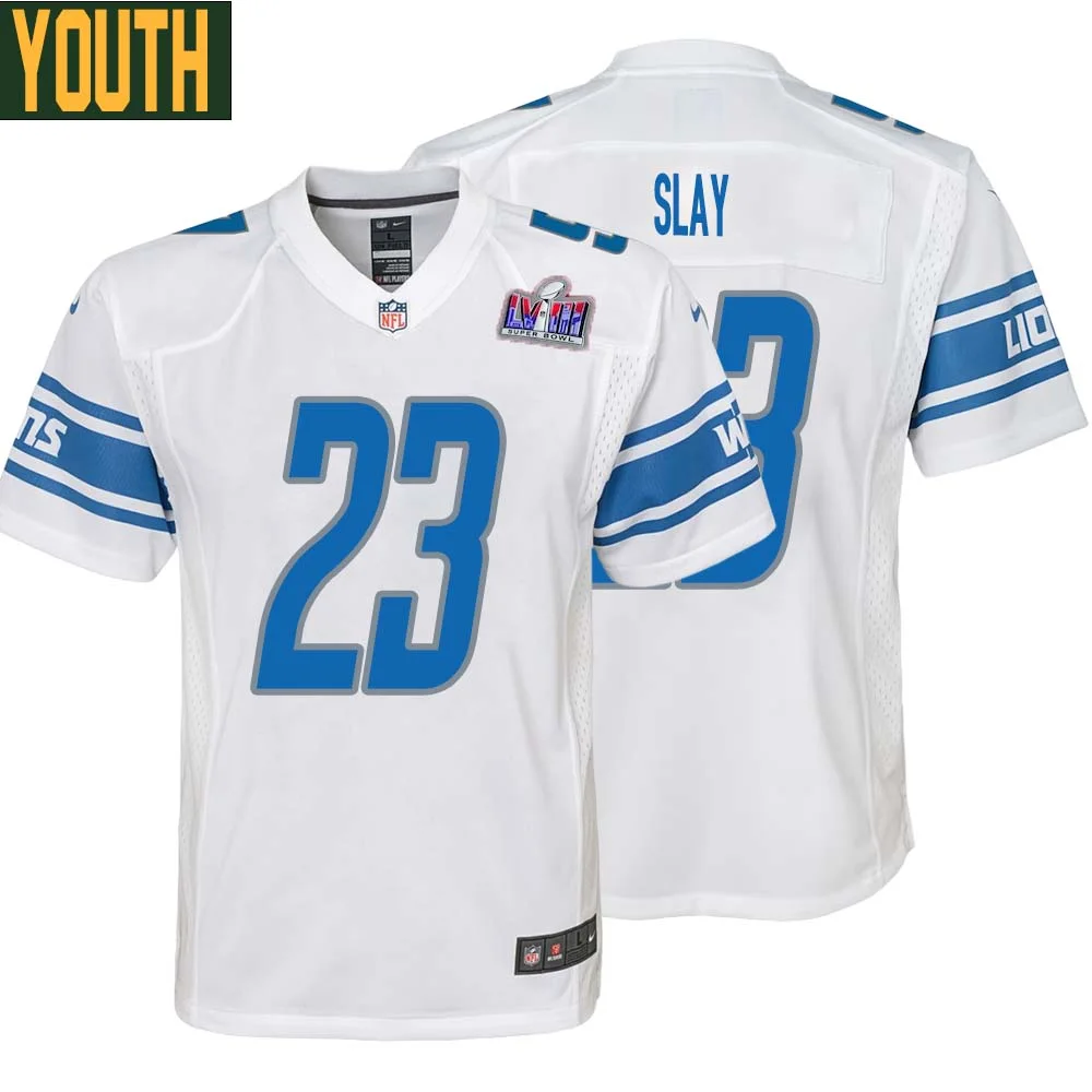 Darius Slay No 23 Youths Custom White Detroit Lions Super Bowl LVIII Away Game Jersey