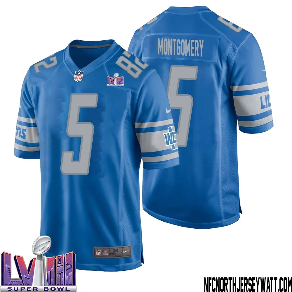 David Montgomery No 5 Men Blue Detroit Lions Player Super Bowl LVIII Home Game Jersey 1