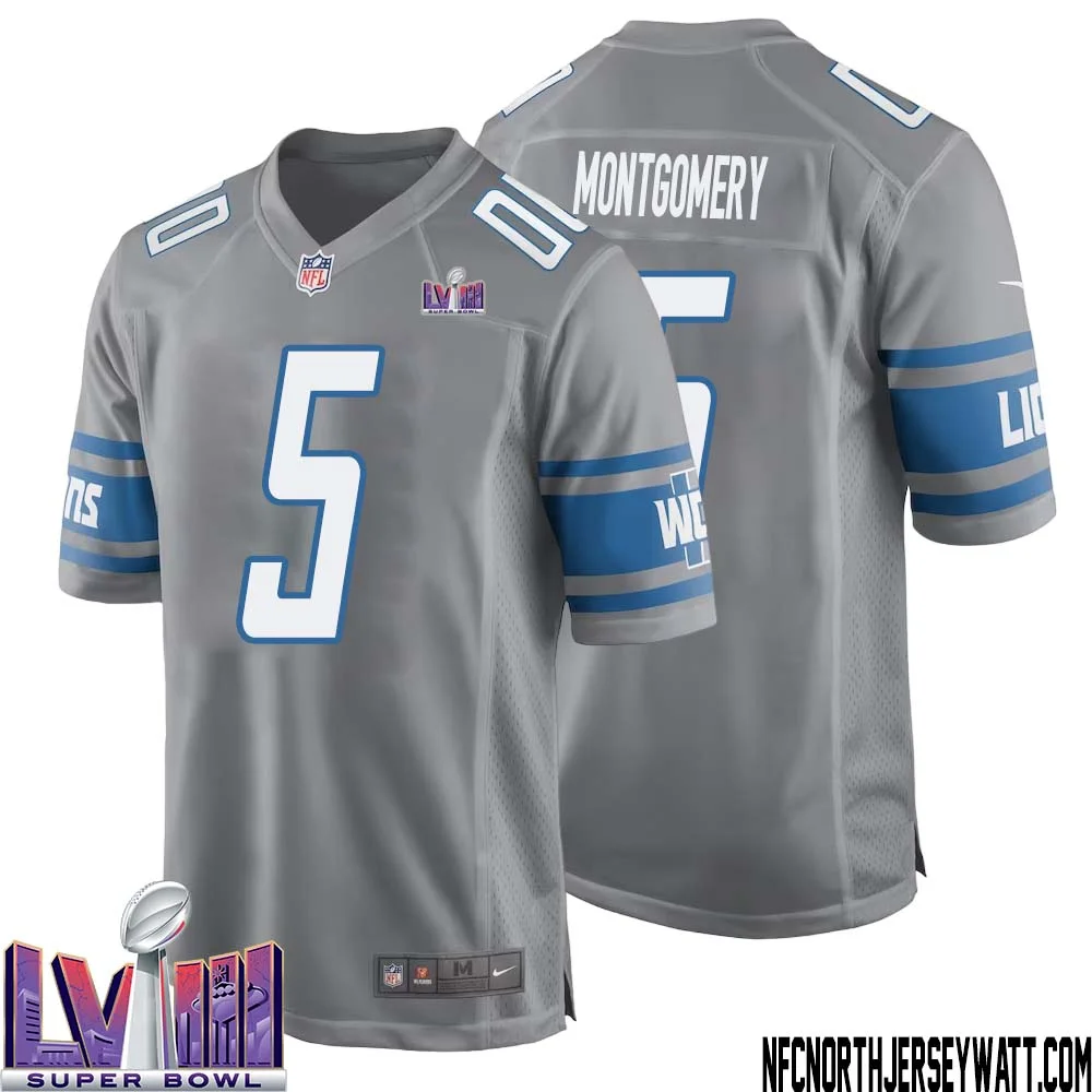 David Montgomery No 5 Men Grey Detroit Lions Player Super Bowl LVIII Alternate Game Jersey 1