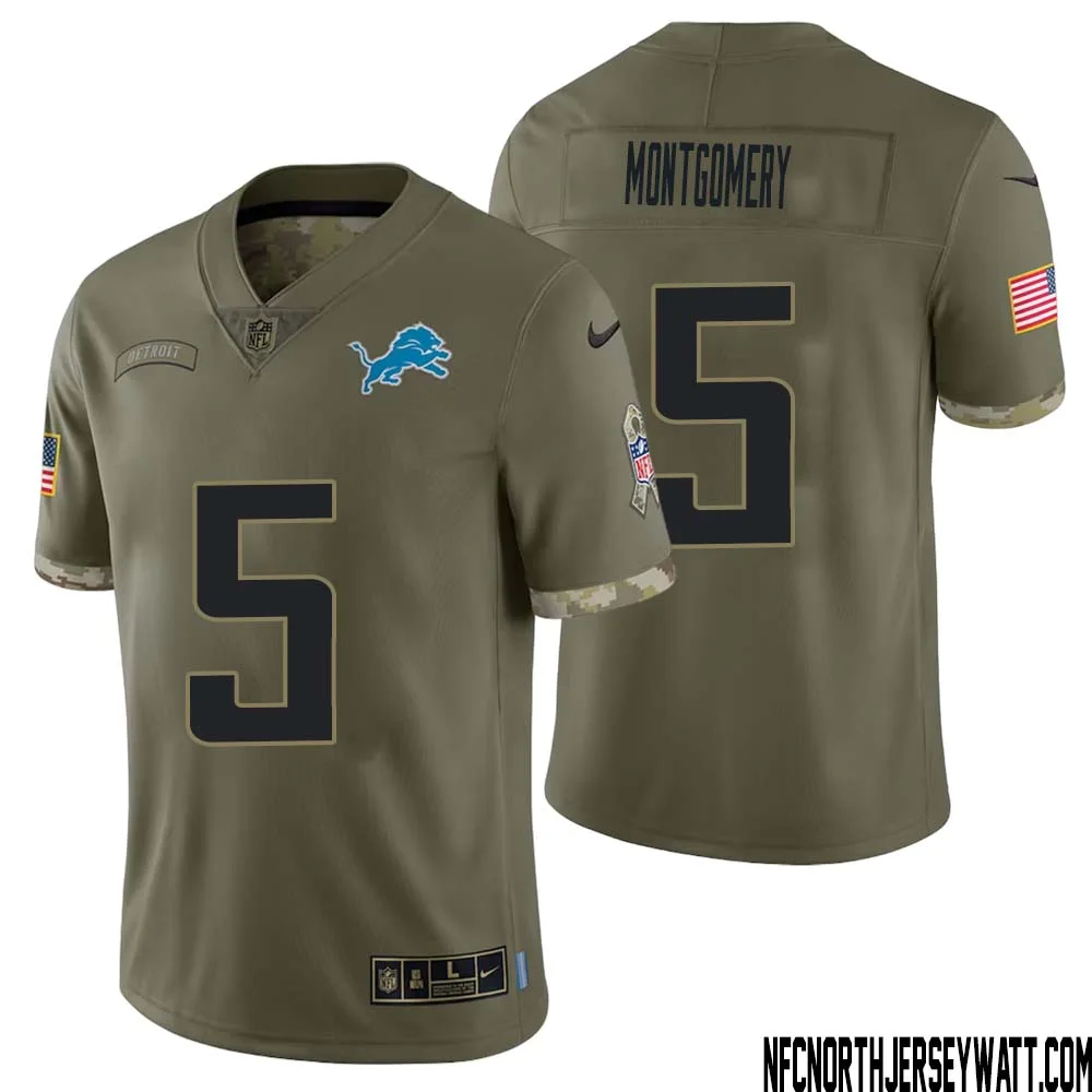 David Montgomery No 5 Men Olive Detroit Lions 2022 Salute To Service Retired Player Limited Jersey 1