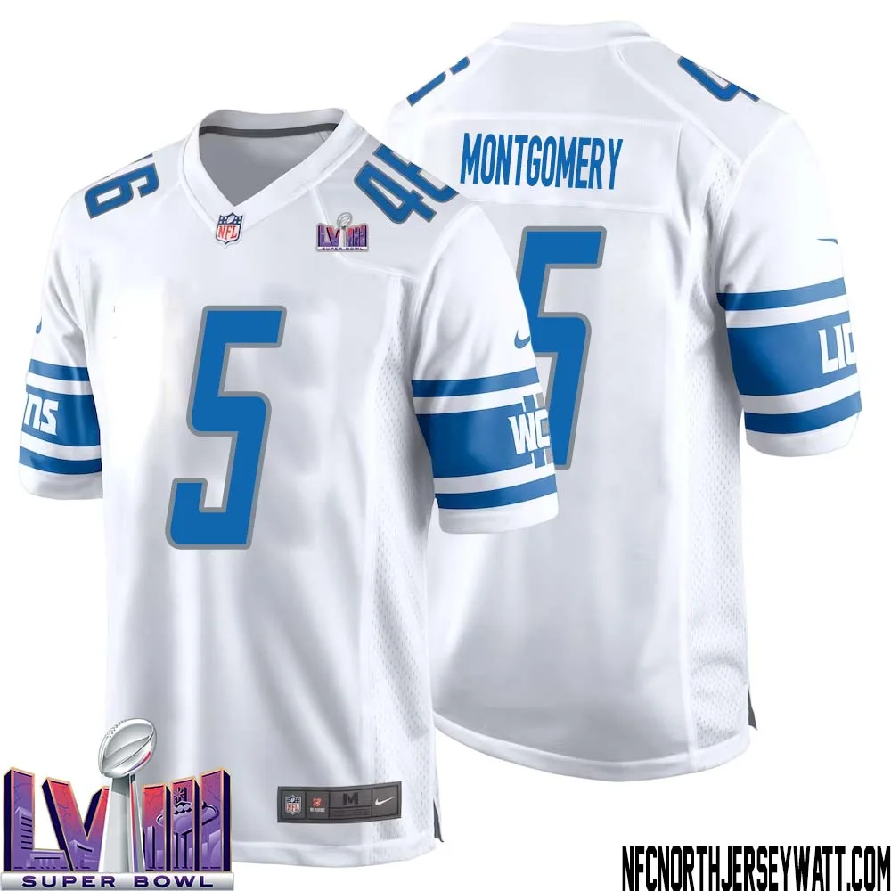 David Montgomery No 5 Men White Detroit Lions Player Super Bowl LVIII Away Game Jersey