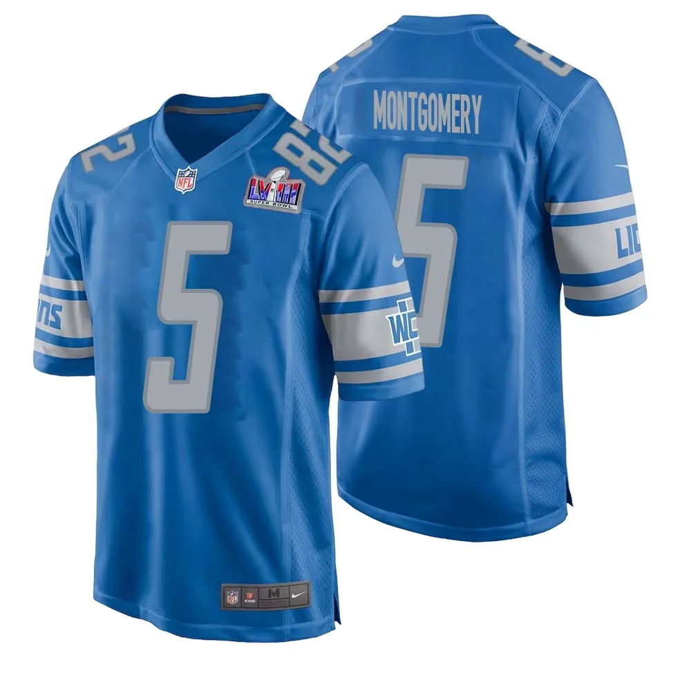 David Montgomery No 5 Mens Custom Blue Detroit Lions Super Bowl LVIII Player Home Game Jersey