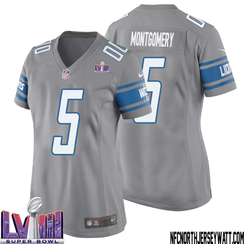 David Montgomery No 5 Women Grey Detroit Lions Player Super Bowl LVIII Alternate Game Jersey