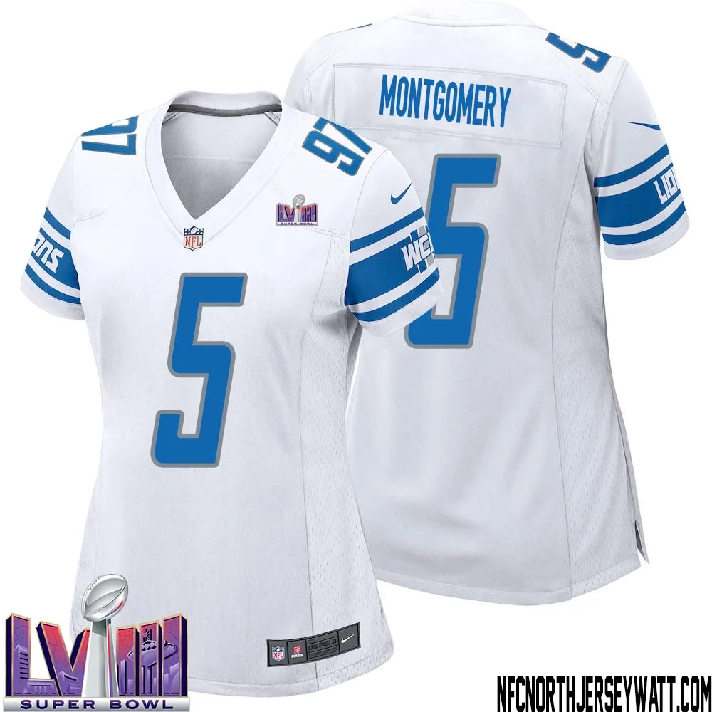 David Montgomery No 5 Women White Detroit Lions Player Super Bowl LVIII Away Game Jersey